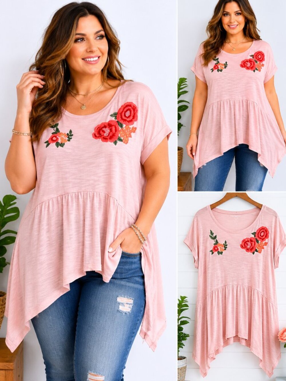 Lane Bryant Women's 18/20 Pink Floral Embroidered Sharkbite Hem Tunic Top Plus.